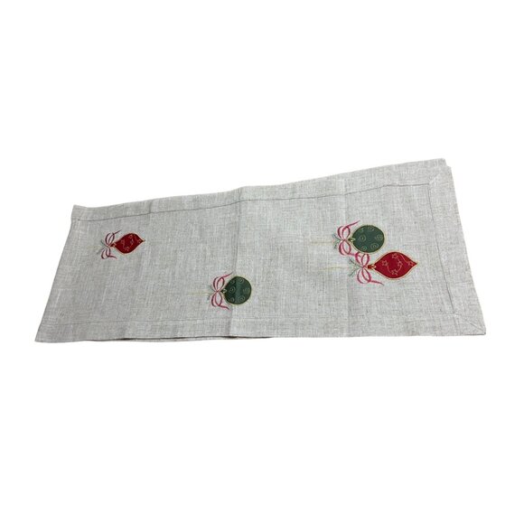 Vintage Christmas Linen Table Runner Embroidered Ornaments Beige Red Green - Picture 1 of 6